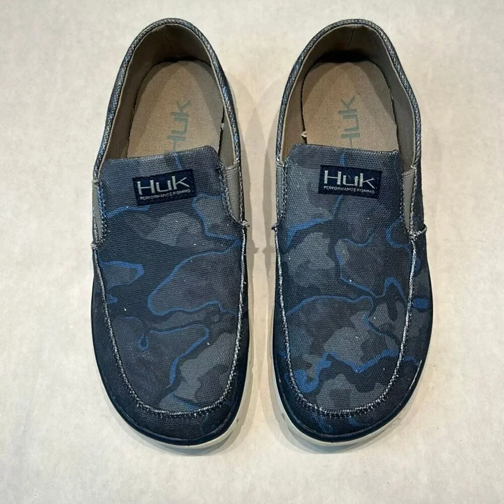 HUK Mens Brewster Slip On Shoes Boat Loafers Blue PEI Canvas Sz 8